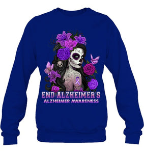 End AlzheImer's Skull Girl Flowers   Alzheimer's Awareness