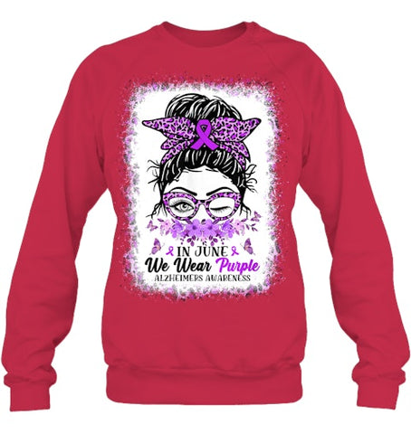 Image of In June We Wear Purple Alzheimer Awareness Messy Bun Support T Shirt