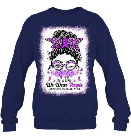 Image of In June We Wear Purple Alzheimer Awareness Messy Bun Support T Shirt