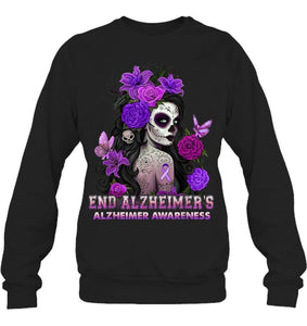 End AlzheImer's Skull Girl Flowers   Alzheimer's Awareness