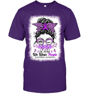 In June We Wear Purple Alzheimer Awareness Messy Bun Support T Shirt