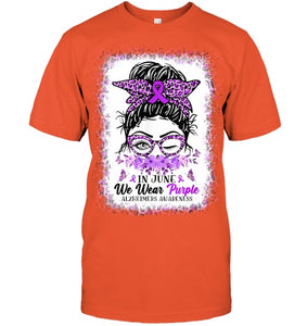 In June We Wear Purple Alzheimer Awareness Messy Bun Support T Shirt