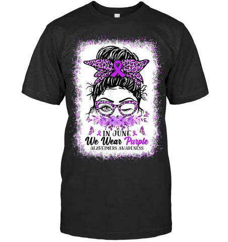 Image of In June We Wear Purple Alzheimer Awareness Messy Bun Support T Shirt