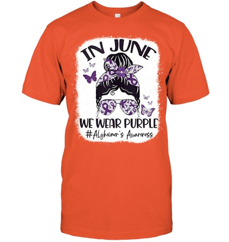 Image of In June We Wear Purple Alzheimer s Awareness Month Messy Bun Tank Top