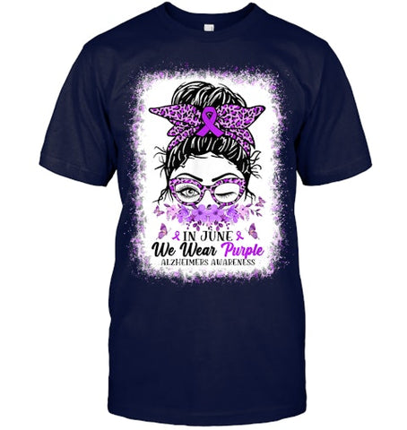 Image of In June We Wear Purple Alzheimer Awareness Messy Bun Support T Shirt