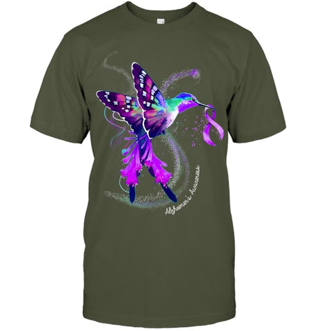 Image of Hummingbird Holding Purple Ribbon Alzheimer s Awareness T Shirt