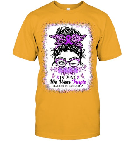 Image of In June We Wear Purple Alzheimer Awareness Messy Bun Support T Shirt