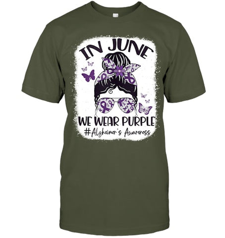 Image of In June We Wear Purple Alzheimer s Awareness Month Messy Bun Tank Top