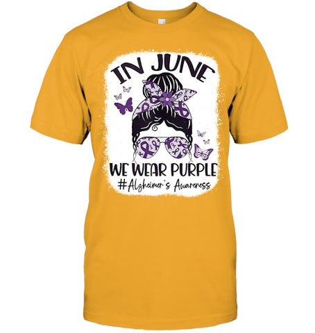 Image of In June We Wear Purple Alzheimer s Awareness Month Messy Bun Tank Top