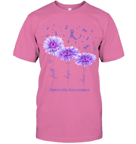 Image of Faith Hope Love Purple Flower Ribbon Dementia Awareness T Shirt