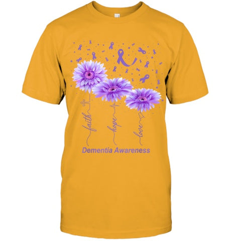 Image of Faith Hope Love Purple Flower Ribbon Dementia Awareness T Shirt