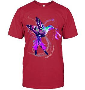 Hummingbird Holding Purple Ribbon Alzheimer s Awareness T Shirt