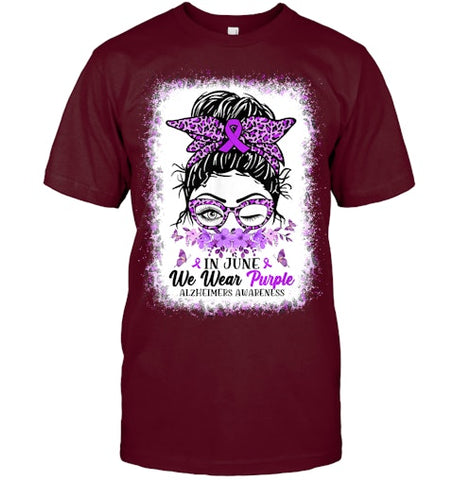 Image of In June We Wear Purple Alzheimer Awareness Messy Bun Support T Shirt