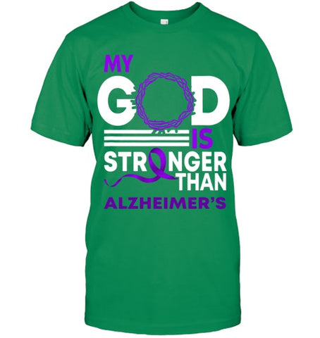 Image of My God Is Stronger Than Alzheimer s Awareness Ribbon T Shirt