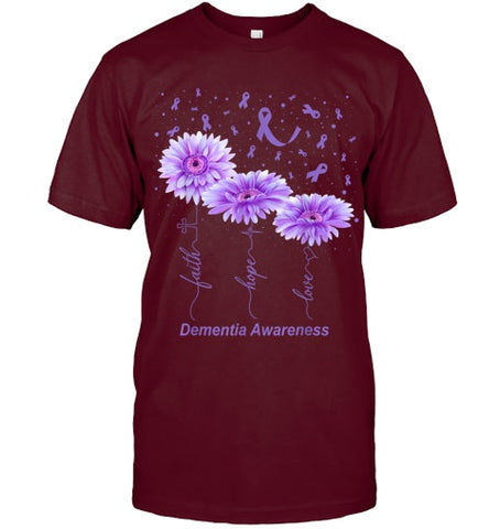 Image of Faith Hope Love Purple Flower Ribbon Dementia Awareness T Shirt