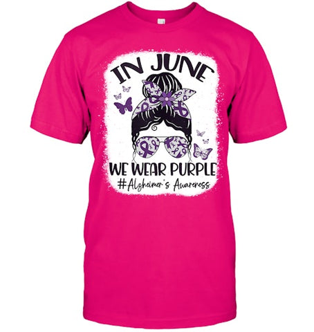 Image of In June We Wear Purple Alzheimer s Awareness Month Messy Bun Tank Top