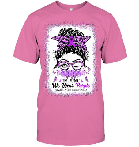 Image of In June We Wear Purple Alzheimer Awareness Messy Bun Support T Shirt