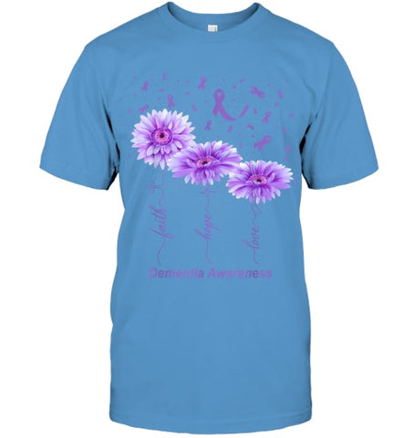 Image of Faith Hope Love Purple Flower Ribbon Dementia Awareness T Shirt