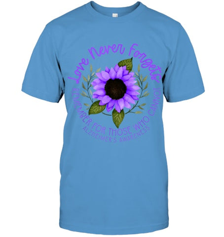 Image of Alzheimer Awareness Tee for Men and Women Purple sunflower T Shirt