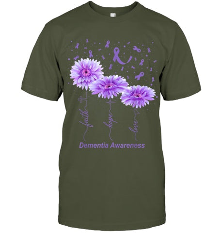 Image of Faith Hope Love Purple Flower Ribbon Dementia Awareness T Shirt