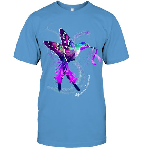 Image of Hummingbird Holding Purple Ribbon Alzheimer s Awareness T Shirt