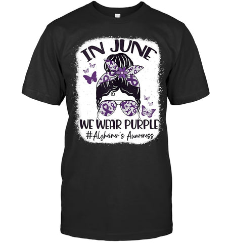 Image of In June We Wear Purple Alzheimer s Awareness Month Messy Bun Tank Top