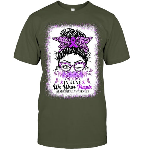 Image of In June We Wear Purple Alzheimer Awareness Messy Bun Support T Shirt