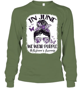 In June We Wear Purple Alzheimer s Awareness Month Messy Bun Tank Top