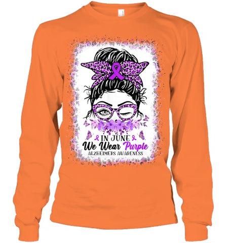 Image of In June We Wear Purple Alzheimer Awareness Messy Bun Support T Shirt