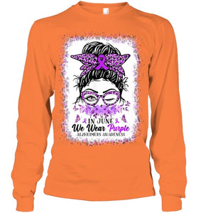 In June We Wear Purple Alzheimer Awareness Messy Bun Support T Shirt