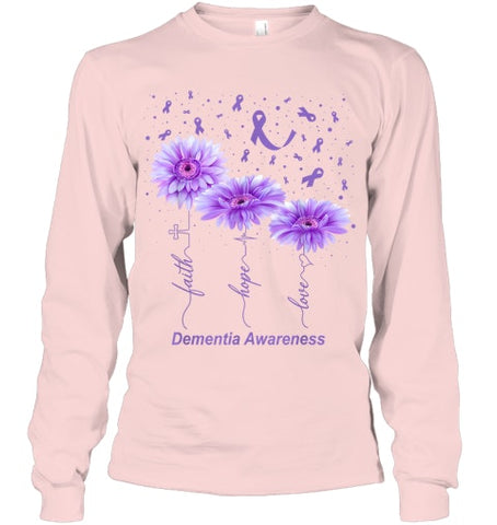 Image of Faith Hope Love Purple Flower Ribbon Dementia Awareness T Shirt