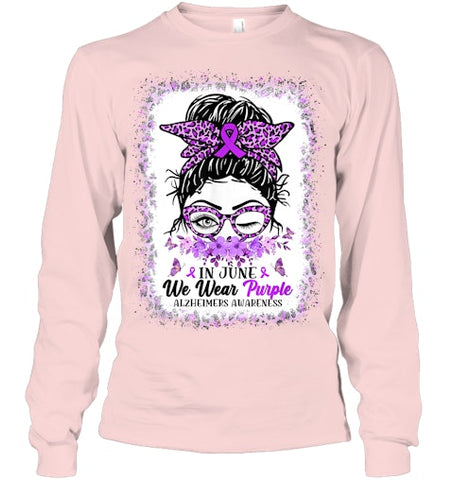 Image of In June We Wear Purple Alzheimer Awareness Messy Bun Support T Shirt