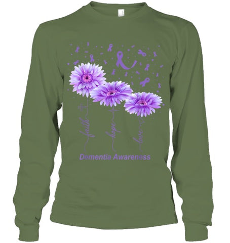 Image of Faith Hope Love Purple Flower Ribbon Dementia Awareness T Shirt