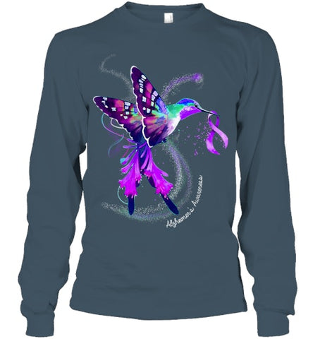 Image of Hummingbird Holding Purple Ribbon Alzheimer s Awareness T Shirt