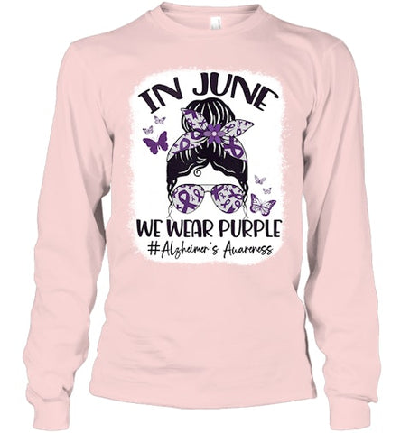 Image of In June We Wear Purple Alzheimer s Awareness Month Messy Bun Tank Top