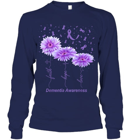 Image of Faith Hope Love Purple Flower Ribbon Dementia Awareness T Shirt