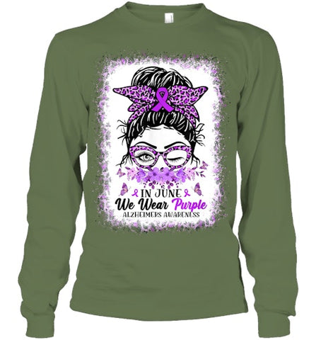 Image of In June We Wear Purple Alzheimer Awareness Messy Bun Support T Shirt