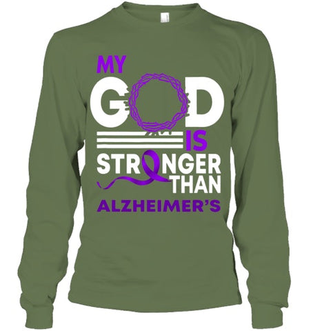 Image of My God Is Stronger Than Alzheimer s Awareness Ribbon T Shirt