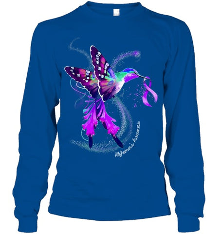 Image of Hummingbird Holding Purple Ribbon Alzheimer s Awareness T Shirt