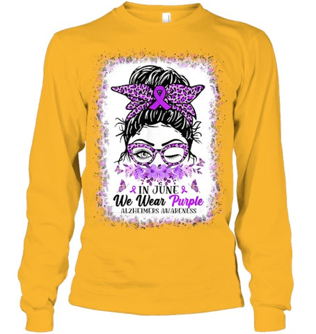 Image of In June We Wear Purple Alzheimer Awareness Messy Bun Support T Shirt