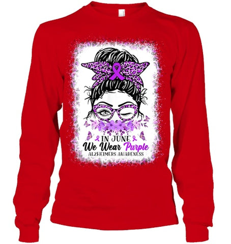 Image of In June We Wear Purple Alzheimer Awareness Messy Bun Support T Shirt