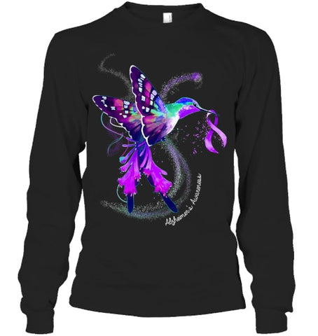 Image of Hummingbird Holding Purple Ribbon Alzheimer s Awareness T Shirt