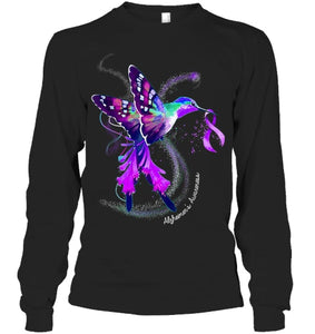 Hummingbird Holding Purple Ribbon Alzheimer s Awareness T Shirt