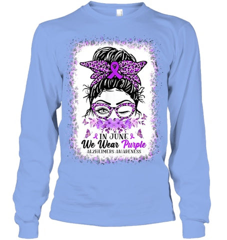 Image of In June We Wear Purple Alzheimer Awareness Messy Bun Support T Shirt