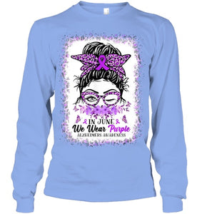 In June We Wear Purple Alzheimer Awareness Messy Bun Support T Shirt