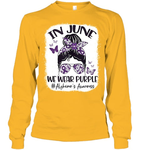 Image of In June We Wear Purple Alzheimer s Awareness Month Messy Bun Tank Top