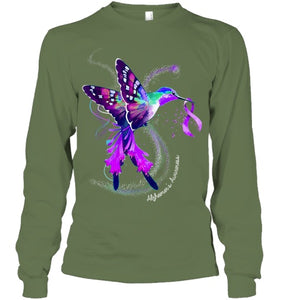 Hummingbird Holding Purple Ribbon Alzheimer s Awareness T Shirt