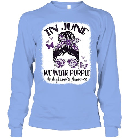 Image of In June We Wear Purple Alzheimer s Awareness Month Messy Bun Tank Top