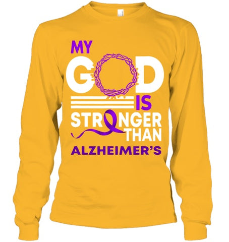 Image of My God Is Stronger Than Alzheimer s Awareness Ribbon T Shirt