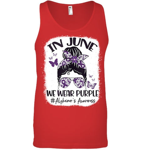 Image of In June We Wear Purple Alzheimer s Awareness Month Messy Bun Tank Top